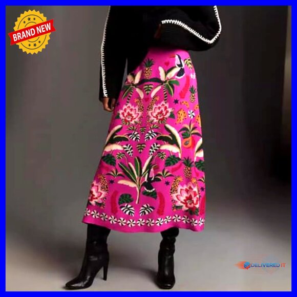 Tropical Print Midi Skirt High Waist Zipper A-Line Floral Summer Chic - Picture 4 of 7